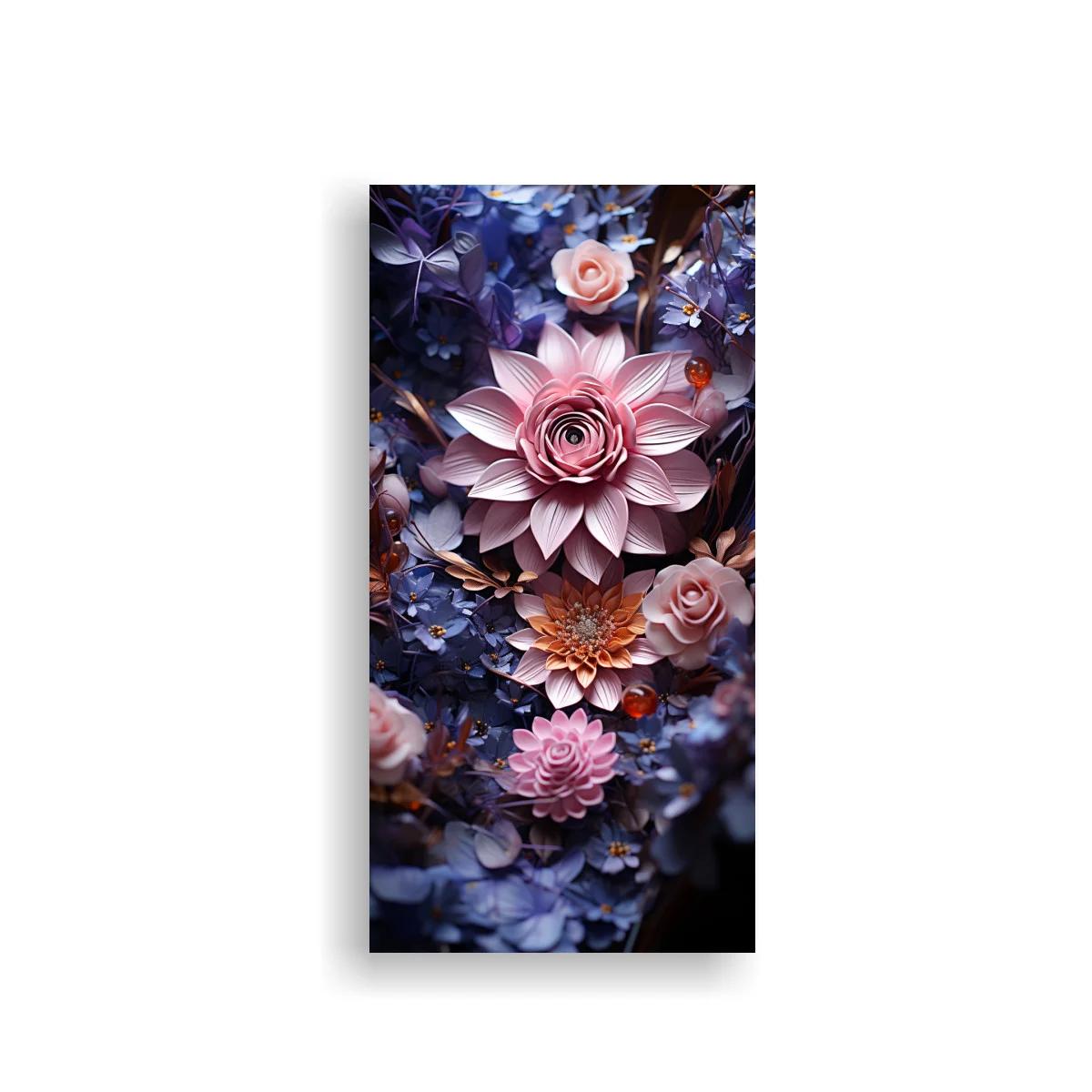 Cuadro flor rosa tipo dalia con flores azules