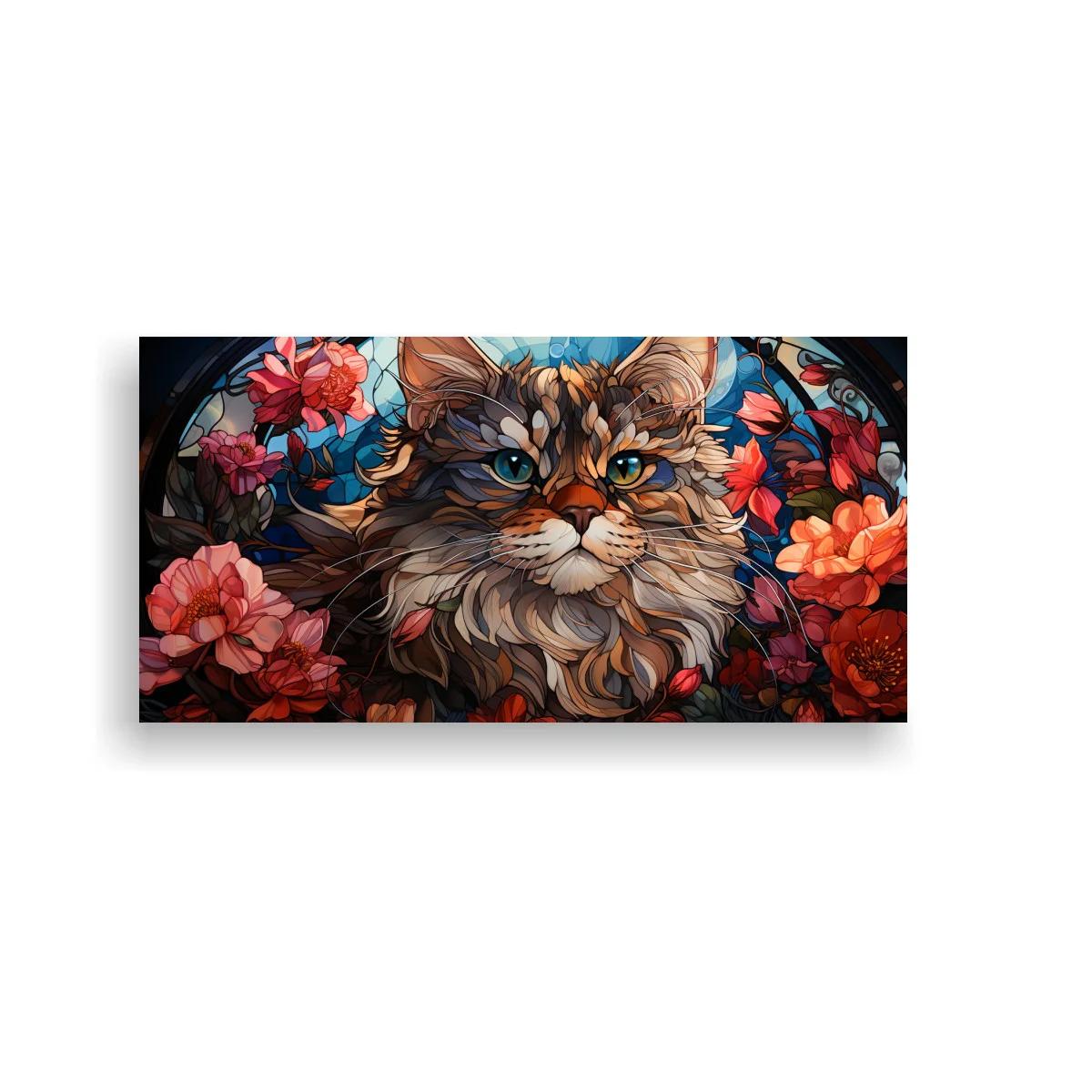 Cuadro gato de pelo largo en marco circular floral