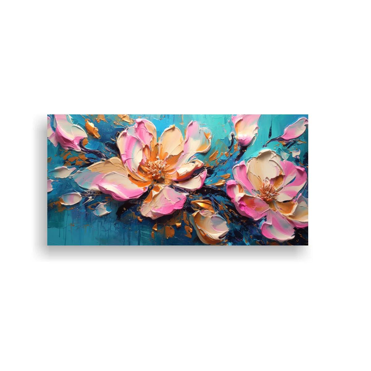 Cuadro magnolias rosas con fondo turquesa texturizado
