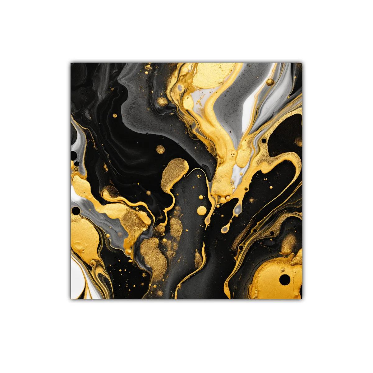 Cuadro abstracto fluido en negro y dorado para decoración elegante