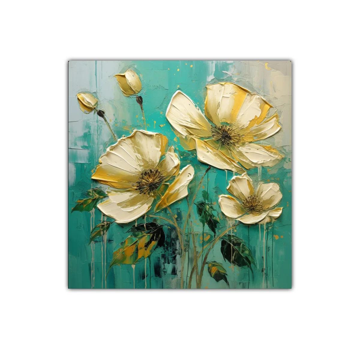 Cuadro con flores doradas sobre fondo turquesa vibrante
