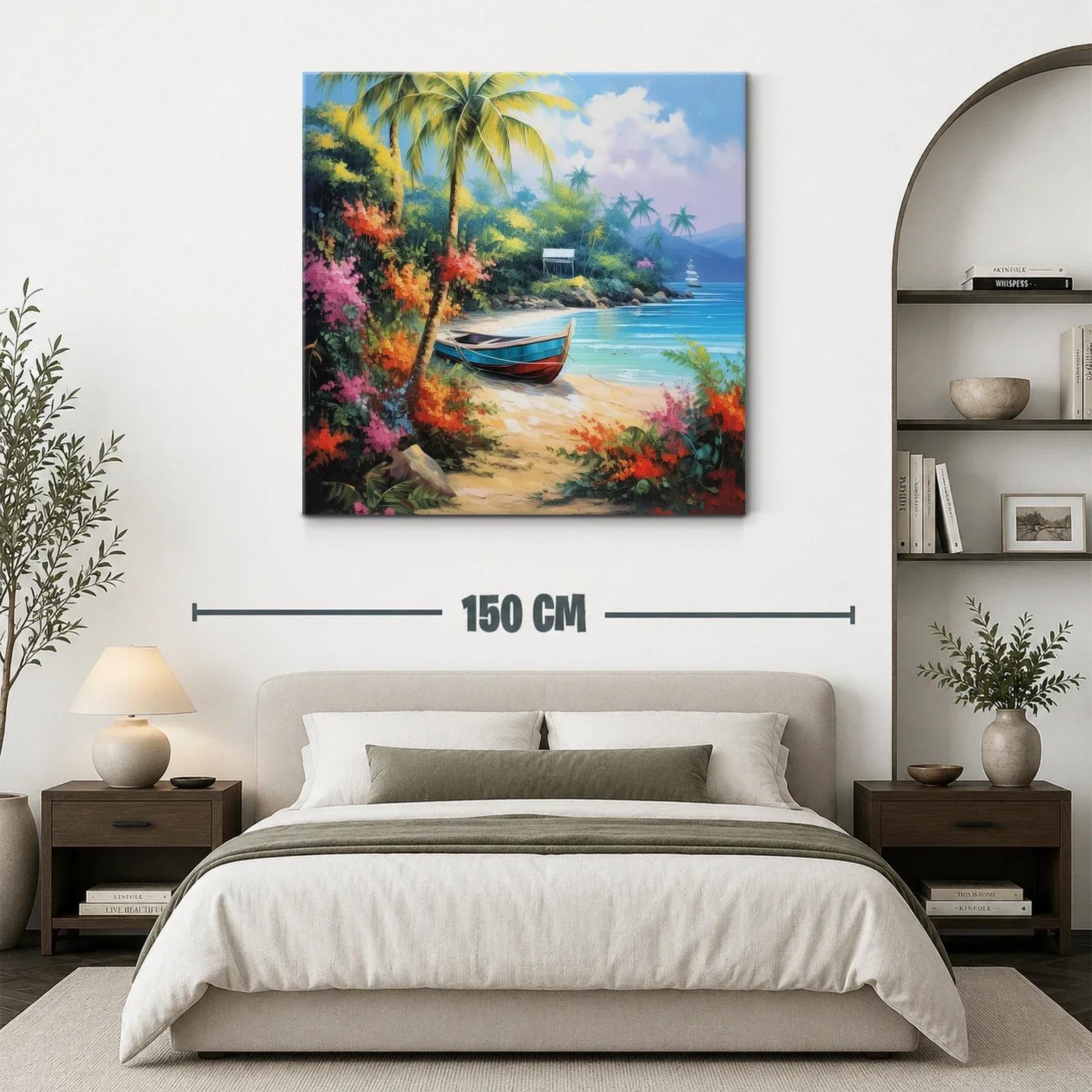 Paisaje tropical con barca en playa paradisíaca y flora vibrante — miniatura 3