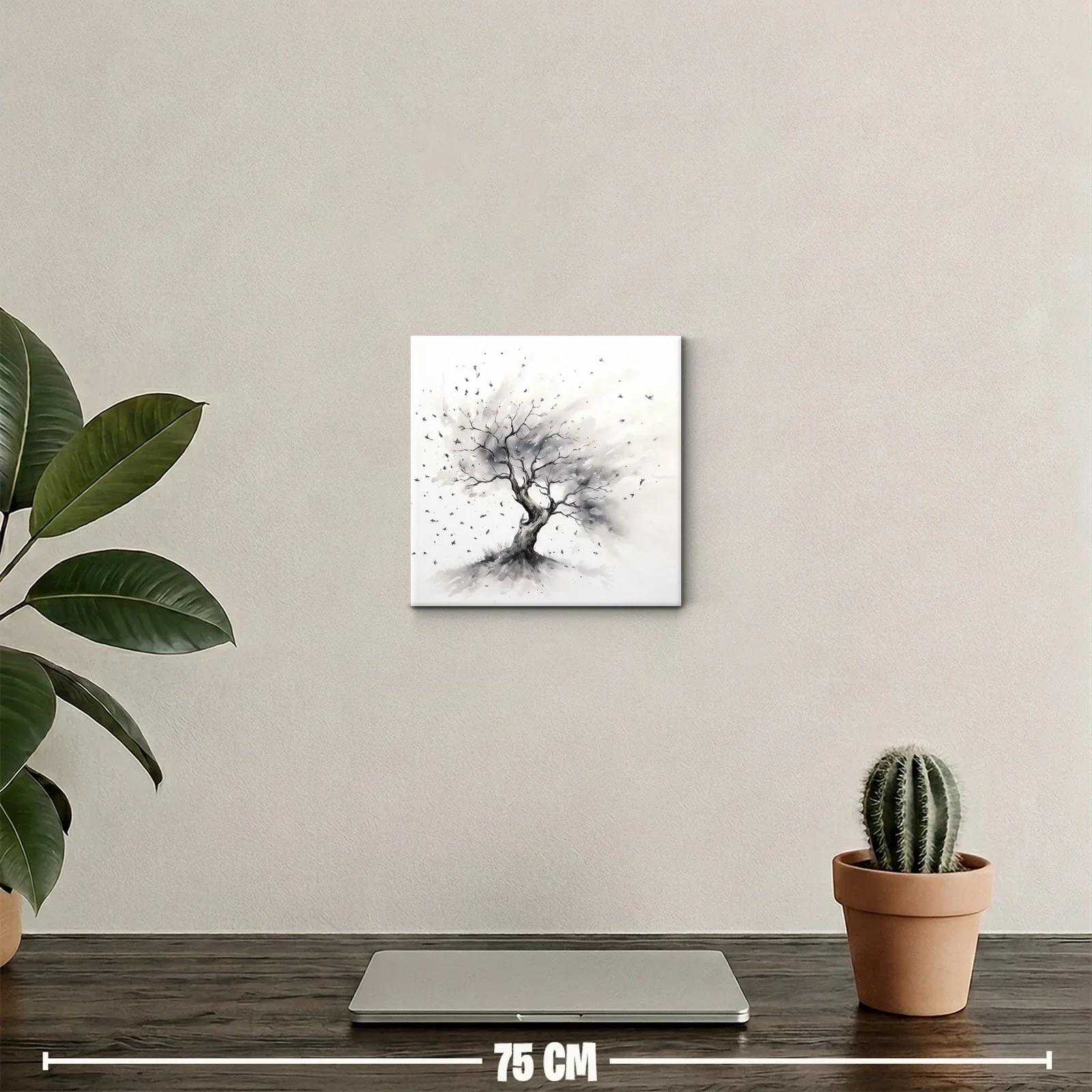 Árbol solitario con aves en tonos neutros — miniatura 2