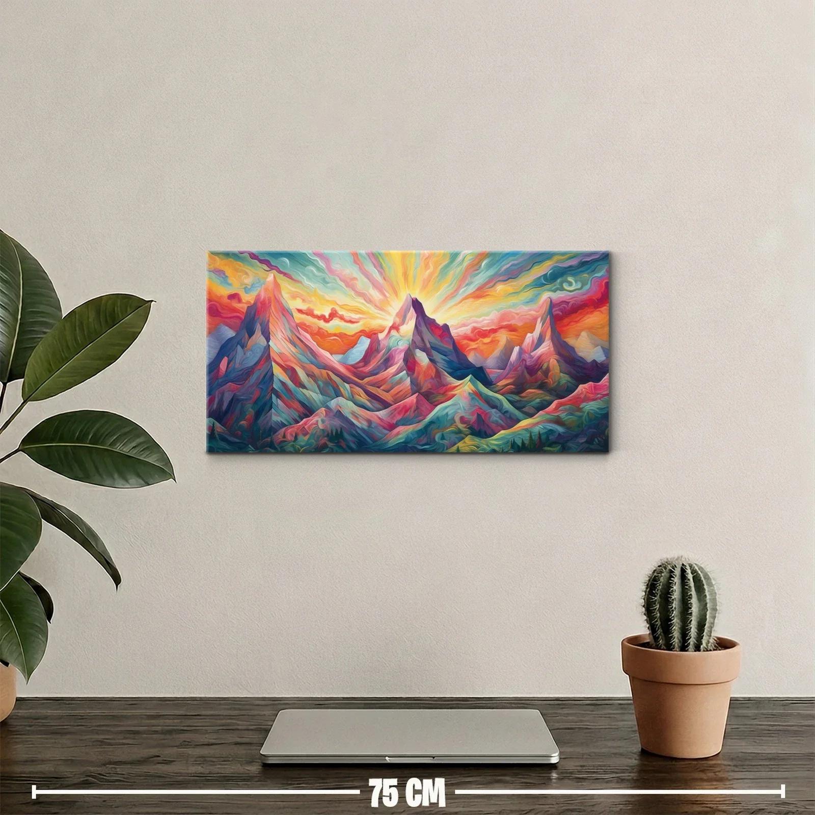 Cuadro cordillera de montañas con rayos de luz radiantes — miniatura 2