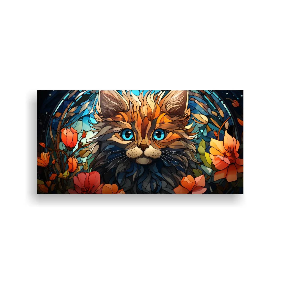 Cuadro gato naranja de ojos azules con marco floral curvo