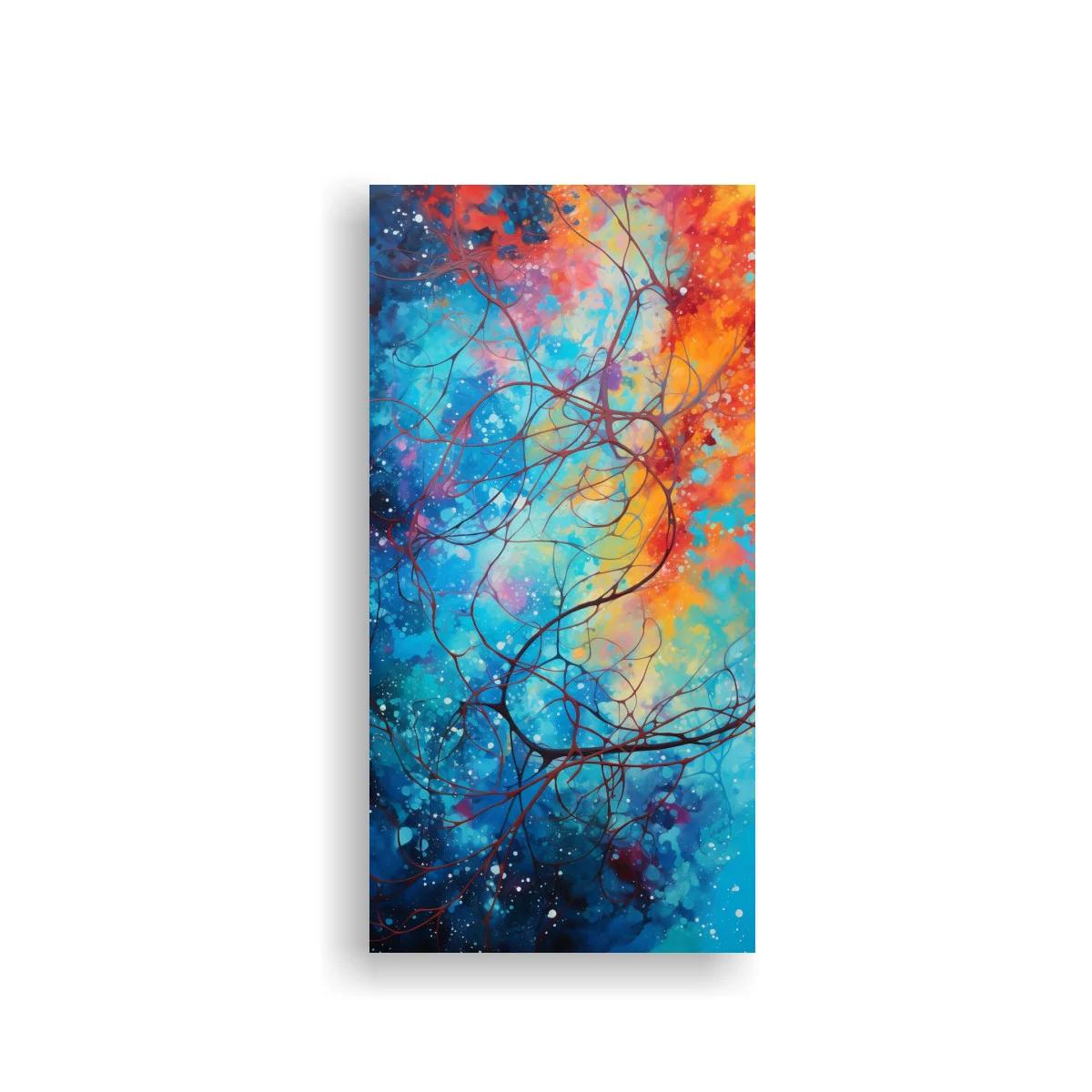 Cuadro ramas de árbol con fondo turquesa y estallidos coral