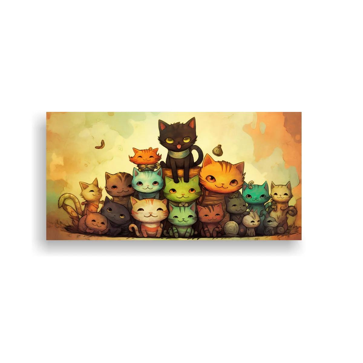 Cuadro grupo de gatos con gatito destacado y colas curvadas