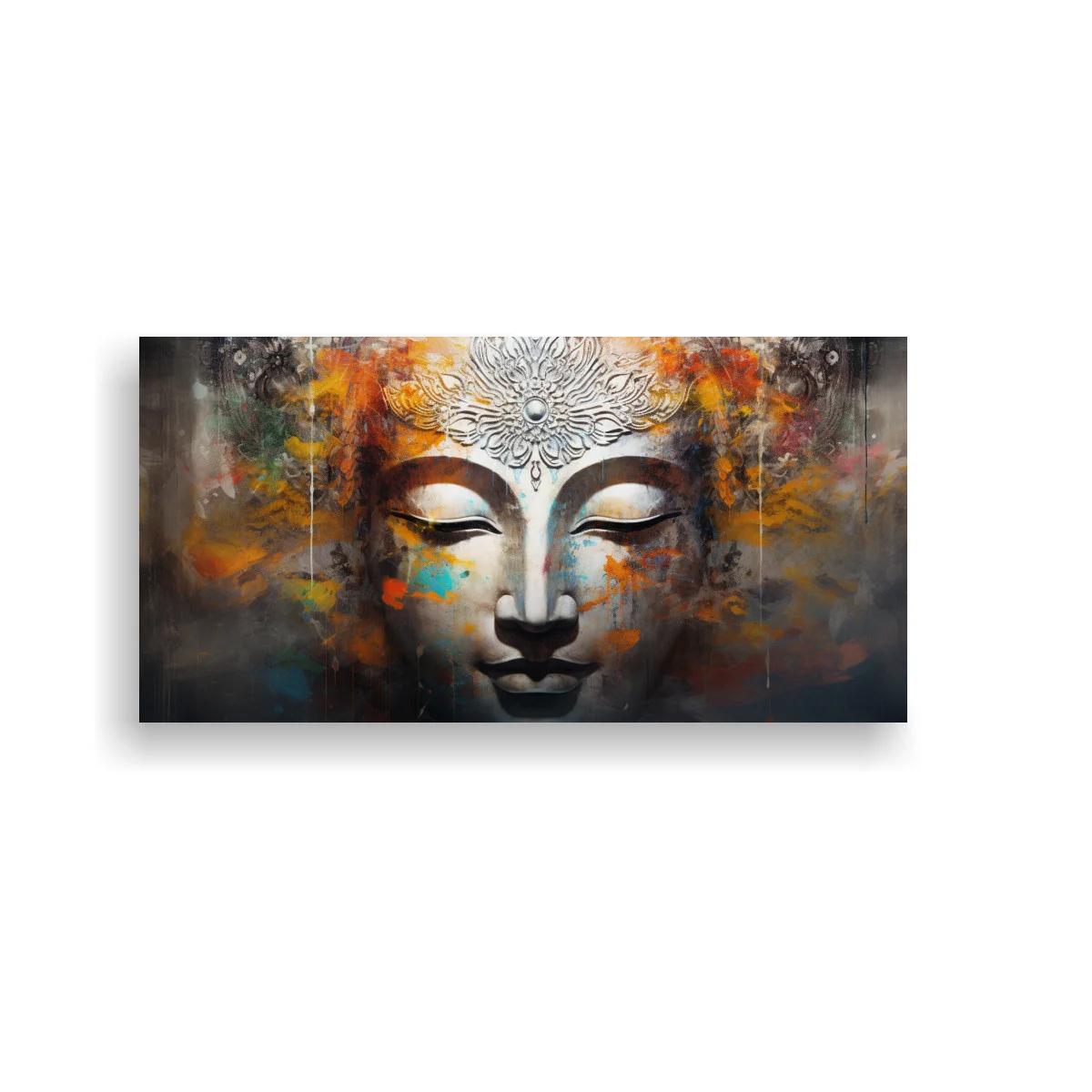 Cuadro rostro de Buda con halo ornamental y texturas de color