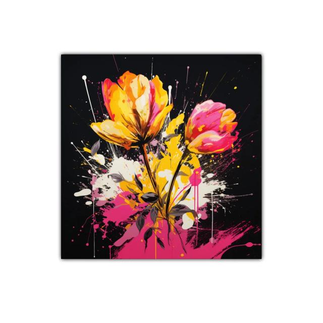 Cuadro floral vibrante con tonos rosas y amarillos intensos