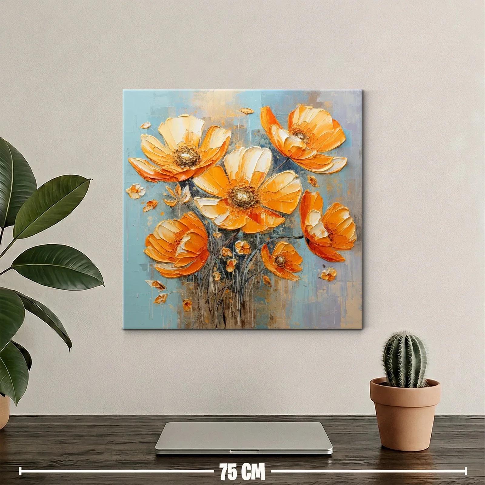Cuadro floral vibrante en tonos cálidos y fondo azul — miniatura 2
