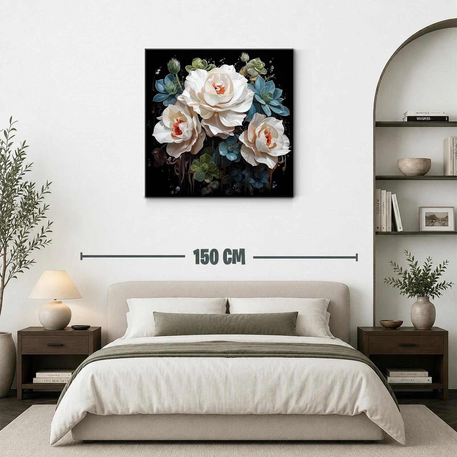 Ramo sofisticado de flores blancas y verdes sobre fondo negro — miniatura 3