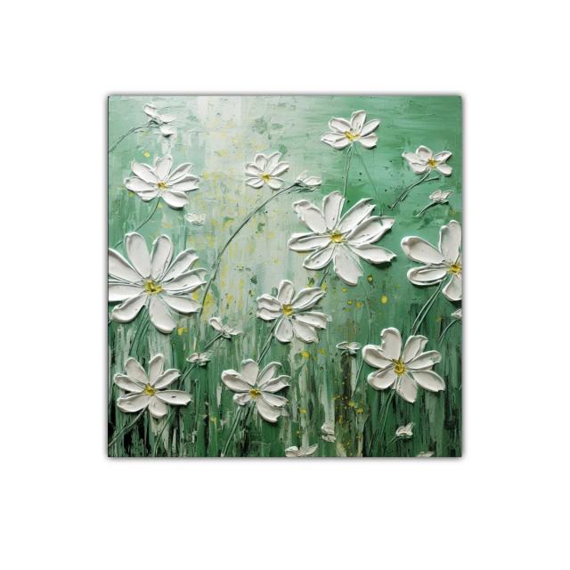Cuadro decorativo flores blancas sobre fondo verde