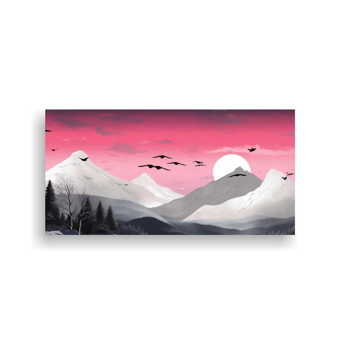 Cuadro paisaje de montañas nevadas al atardecer con aves en vuelo