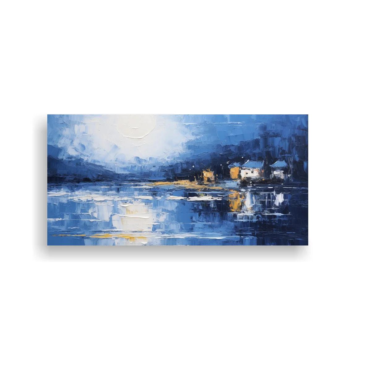 Cuadro pueblo junto al lago con luces amarillas