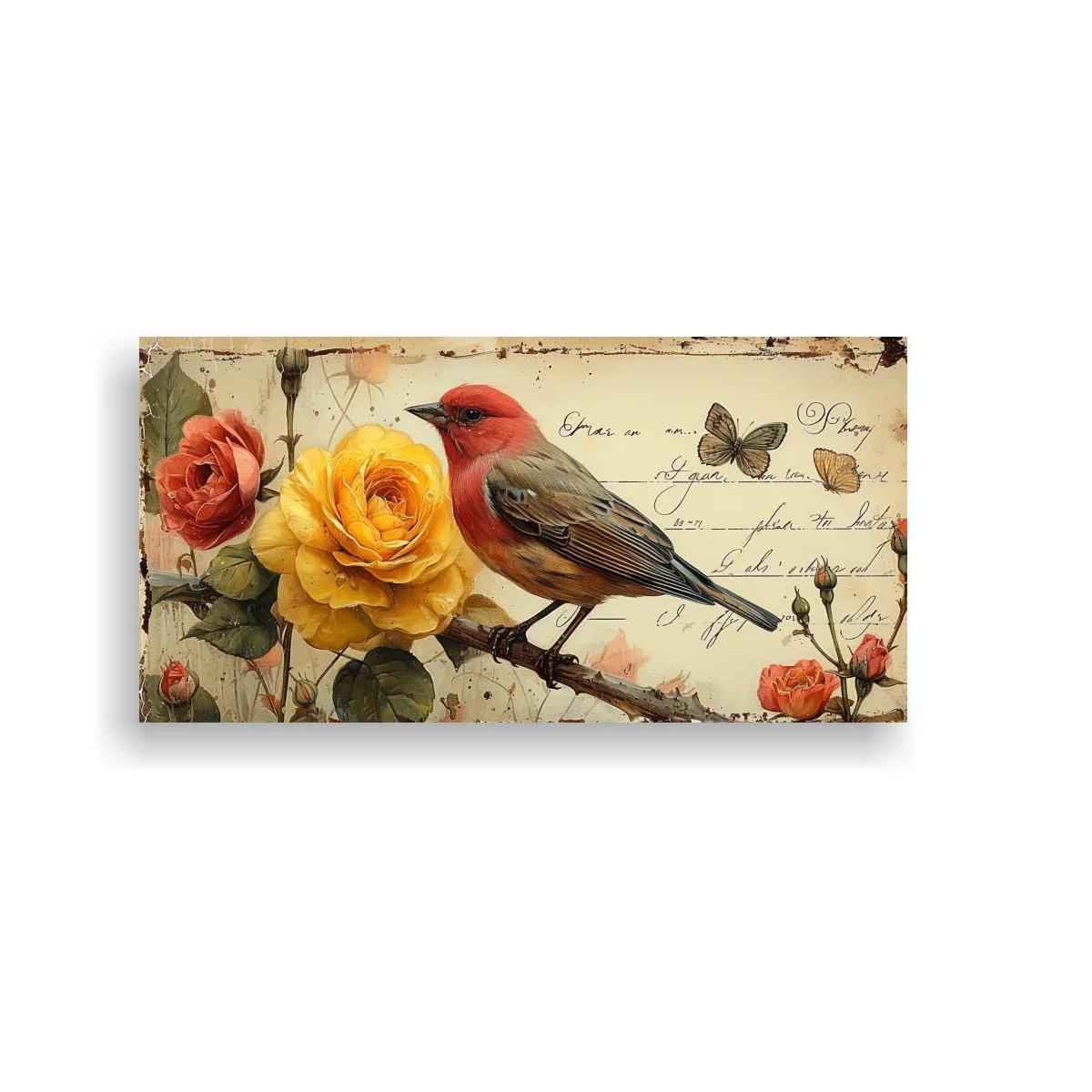 Cuadro pájaro rojo junto a rosa amarilla en collage vintage