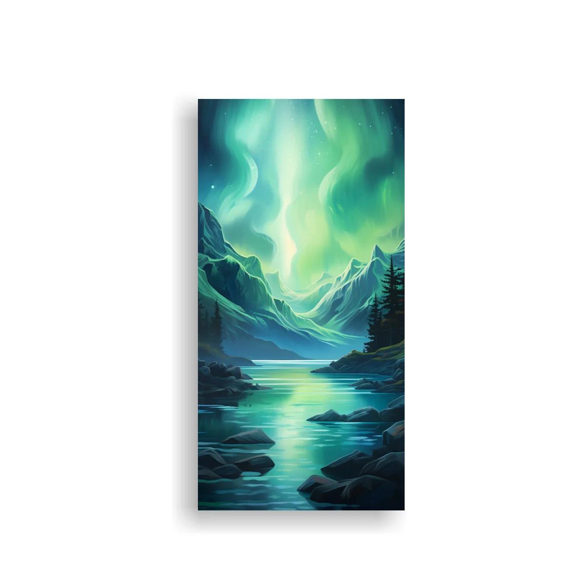 Cuadro aurora boreal con brillo verdiazul sobre lago de montaña
