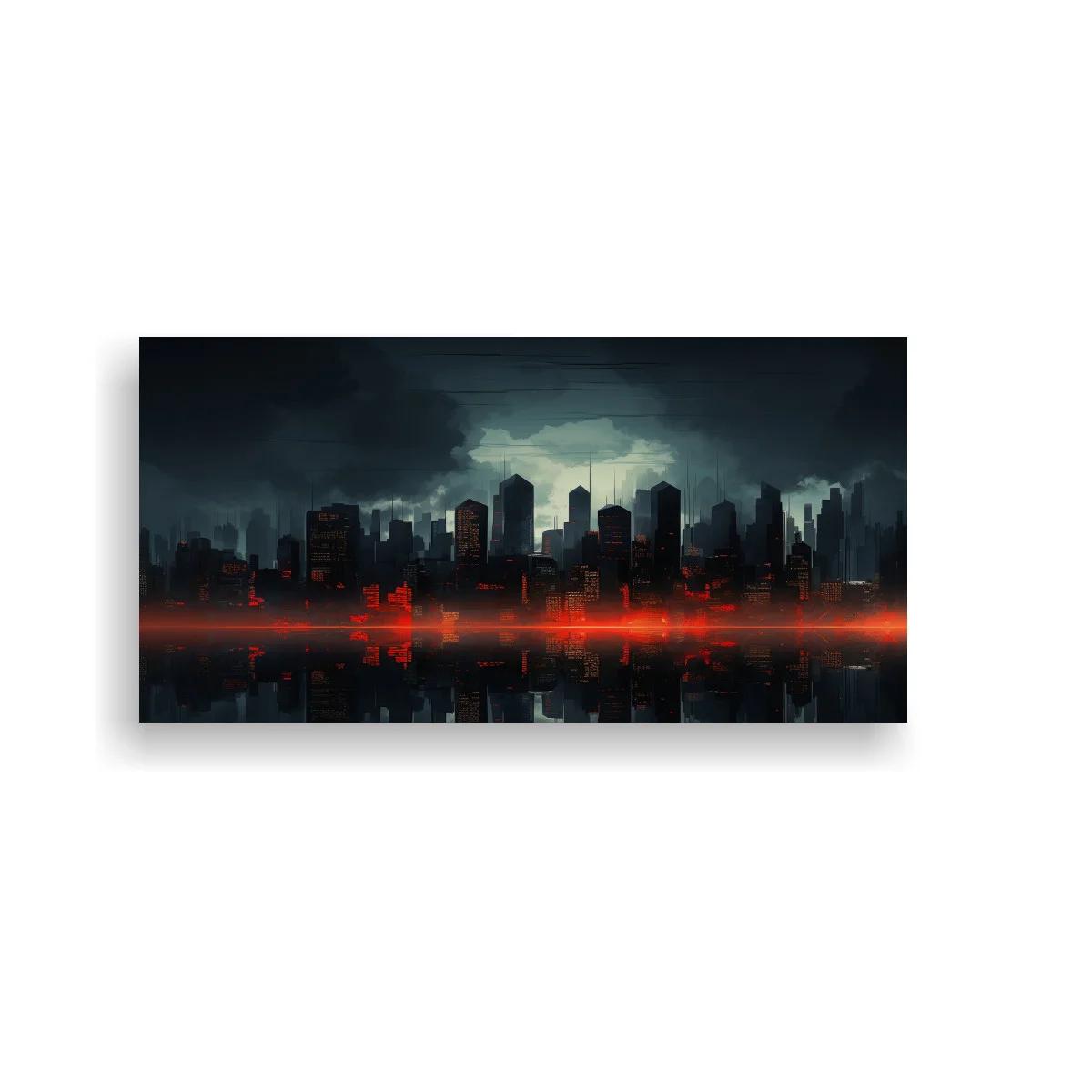 Cuadro skyline urbano con franja roja y reflejo oscuro — imagen principal