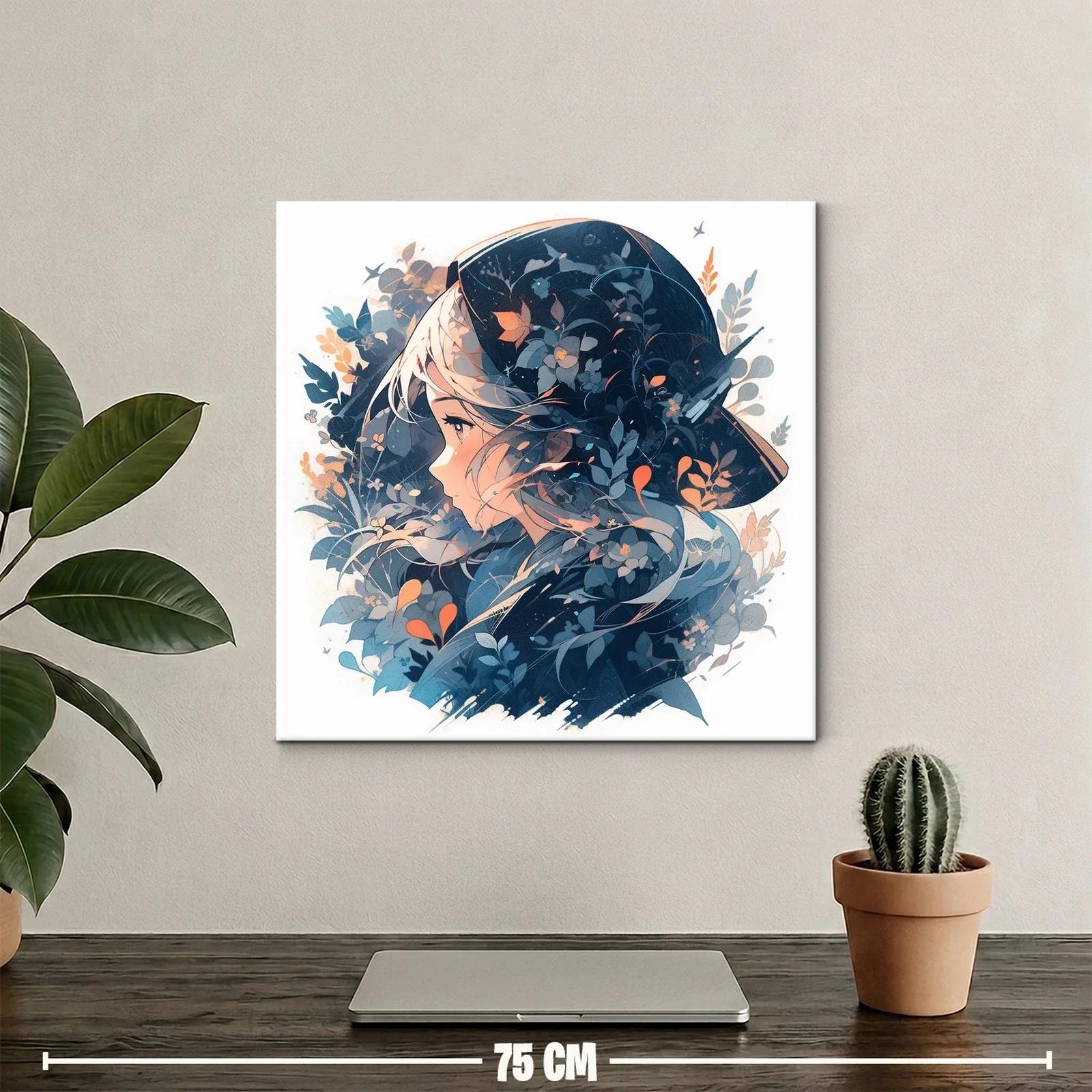 Retrato femenino con motivos florales en tonos azules y naranja — miniatura 2
