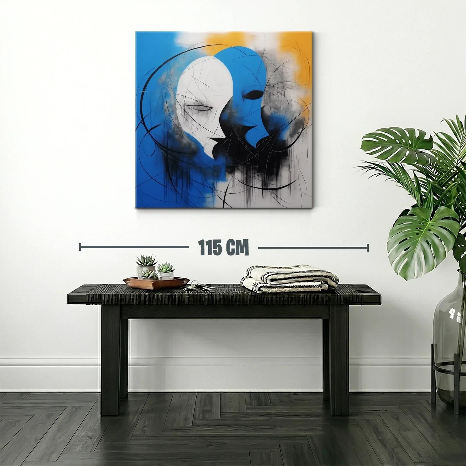 Cuadro abstracto con rostros en azul y blanco vibrante — miniatura 2