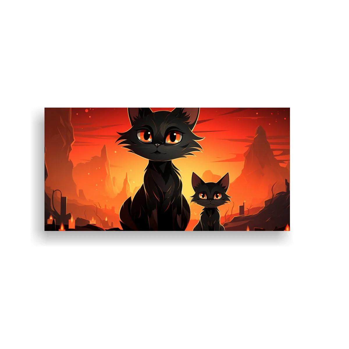 Cuadro gato negro de ojos naranjas con fondo ígneo