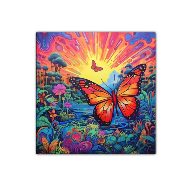 Mariposa vibrante con paisaje surreal en colores intensos
