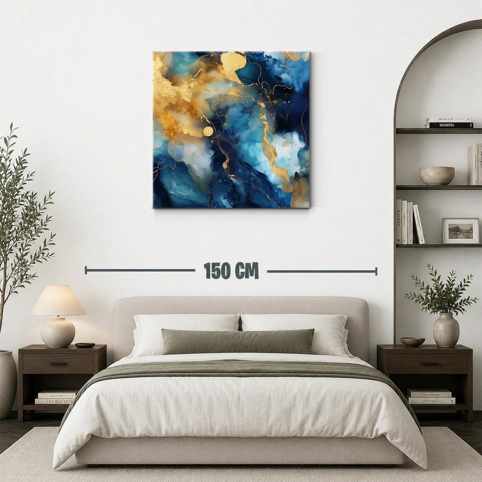 Cuadro abstracto en tonos azules y dorados con textura fluida — miniatura 3