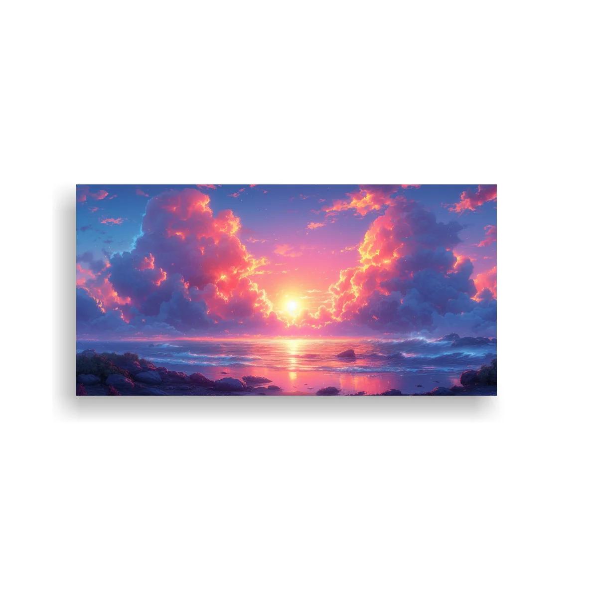 Cuadro atardecer sobre el mar con nubes voluminosas