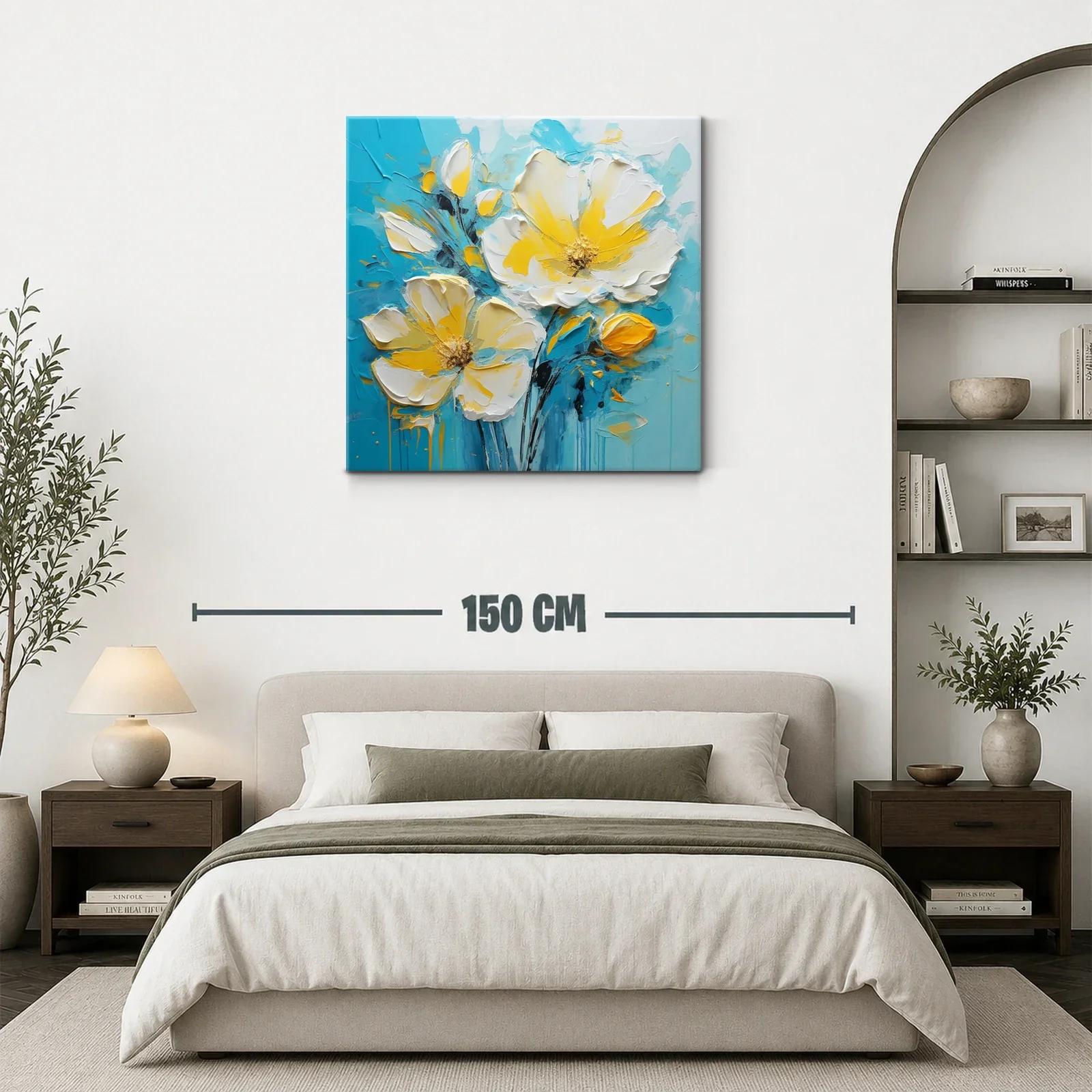 Cuadro floral en tonos amarillos y azul turquesa vibrante — miniatura 3