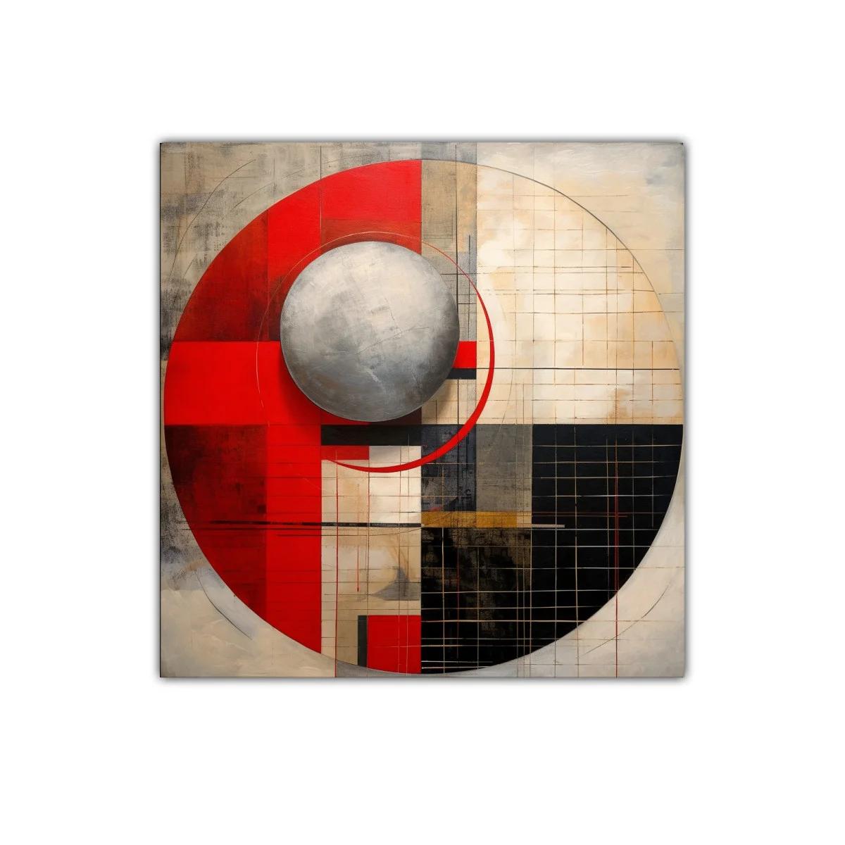 Composición geométrica moderna con esfera metálica y rojos vibrantes