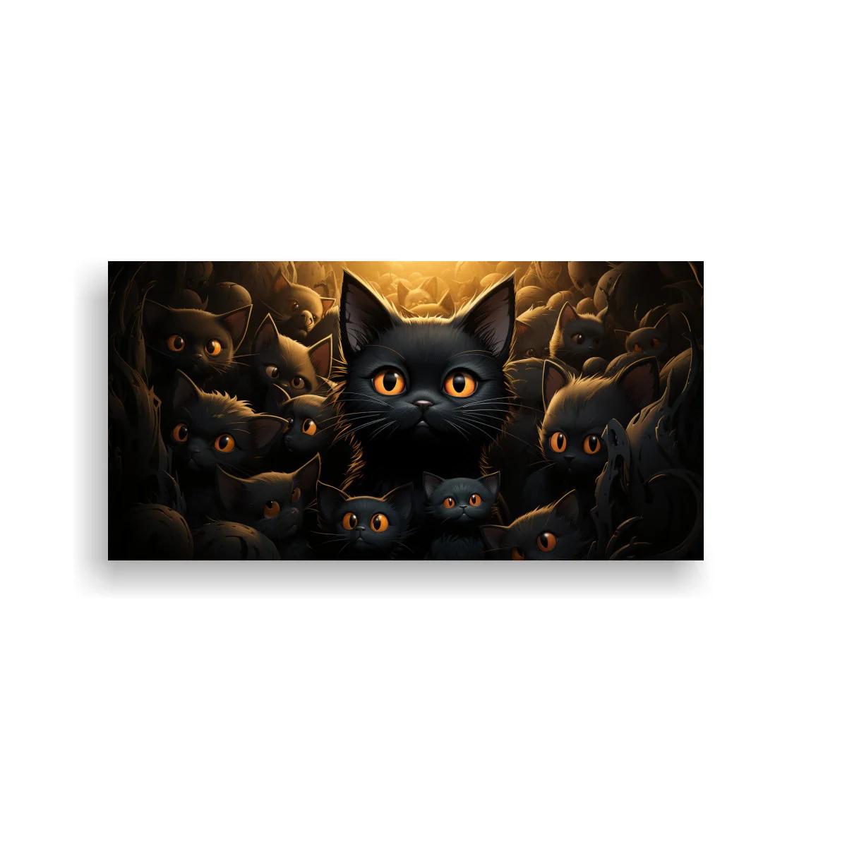 Cuadro gato negro de ojos naranjas entre sombras