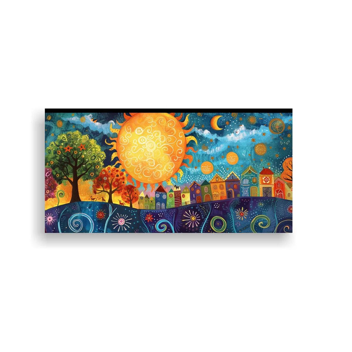 Cuadro sol con pueblo fantástico y colinas