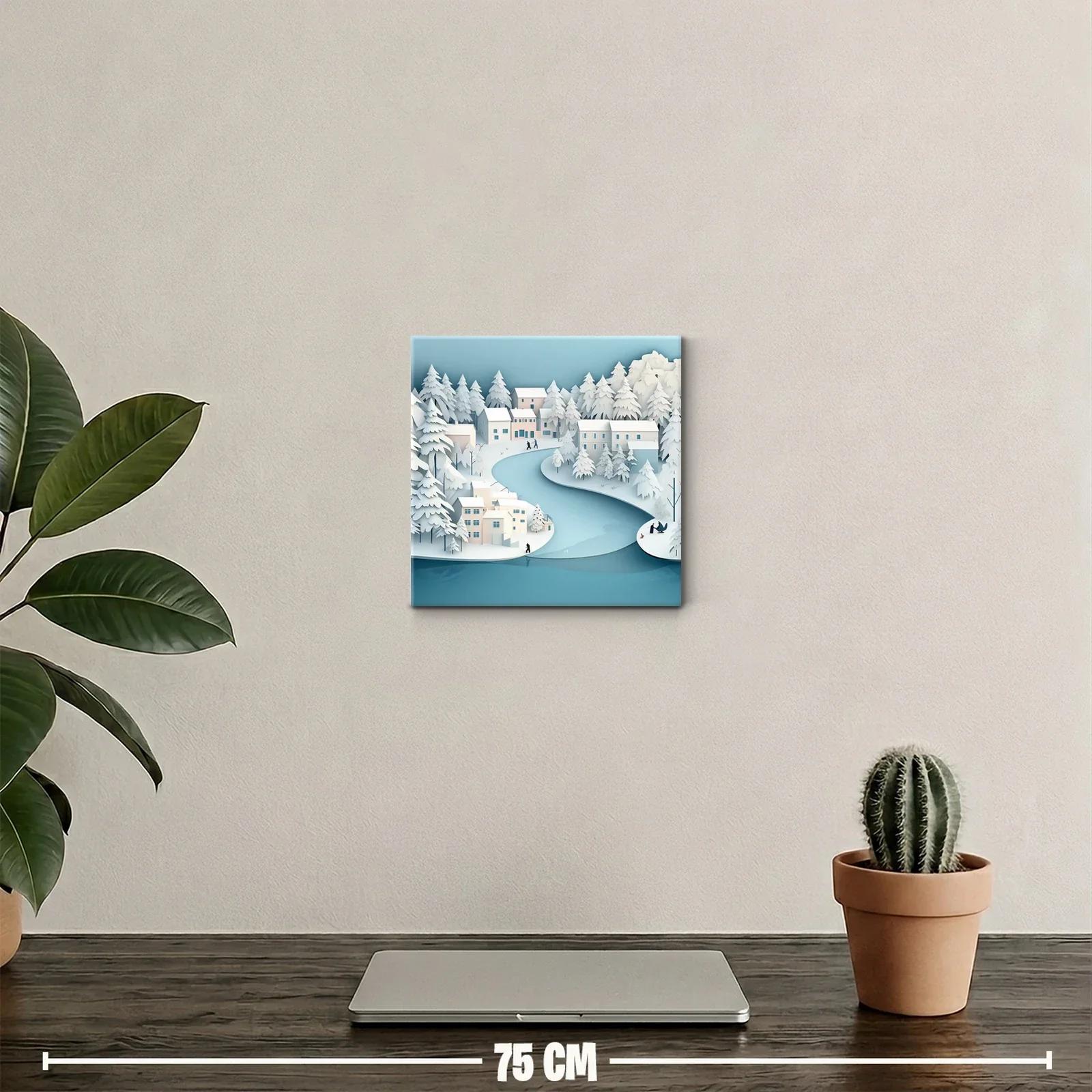 Paisaje invernal sereno con río y casas nevadas — miniatura 2