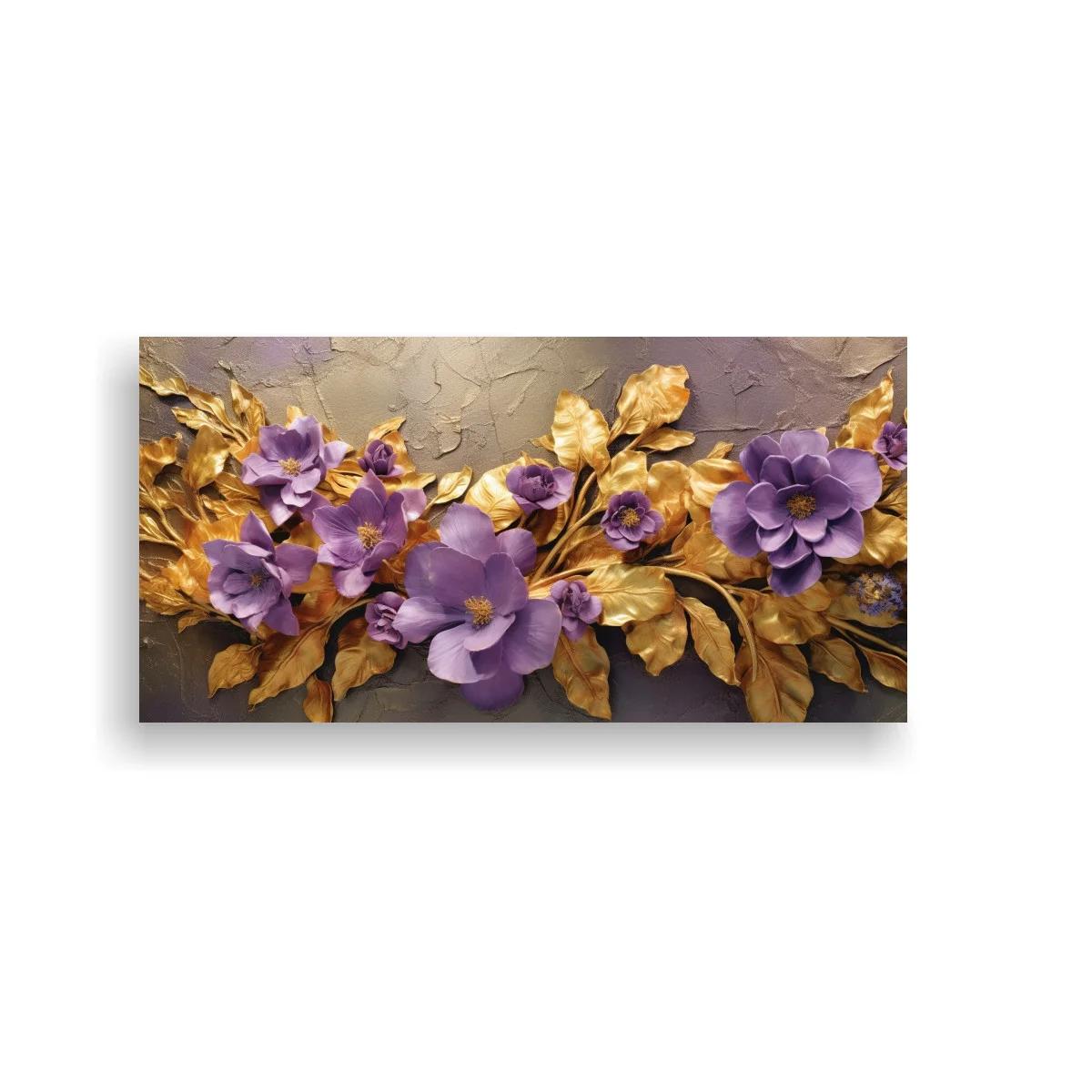 Cuadro flores moradas con hojas doradas en formato panorámico