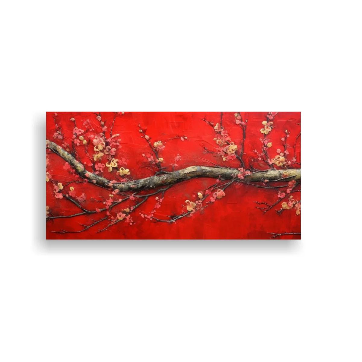 Cuadro rama de cerezo en flor con fondo rojo texturizado