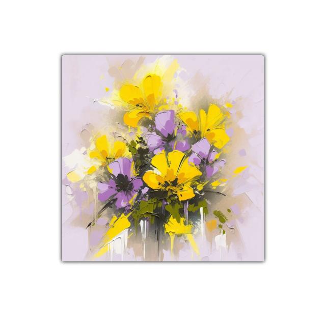 Cuadro vibrante con flores amarillas y lilas para decorar