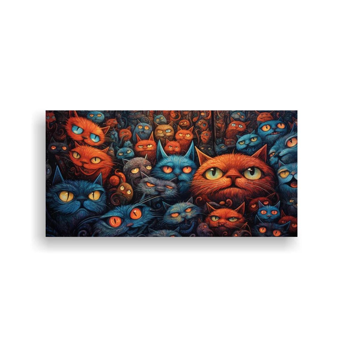 Cuadro grupo de gatos de ojos grandes en tonos azules y naranjas