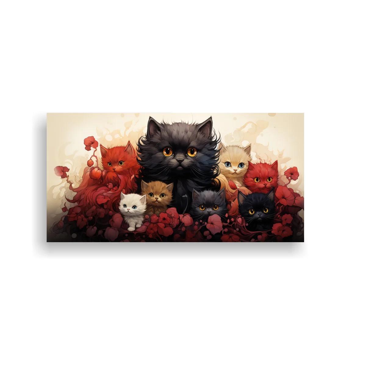 Cuadro gata negra con gatitos entre flores rojas