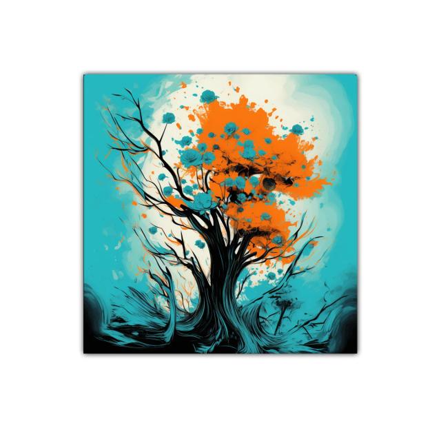 Árbol vibrante con flores azules y tonos naranjas