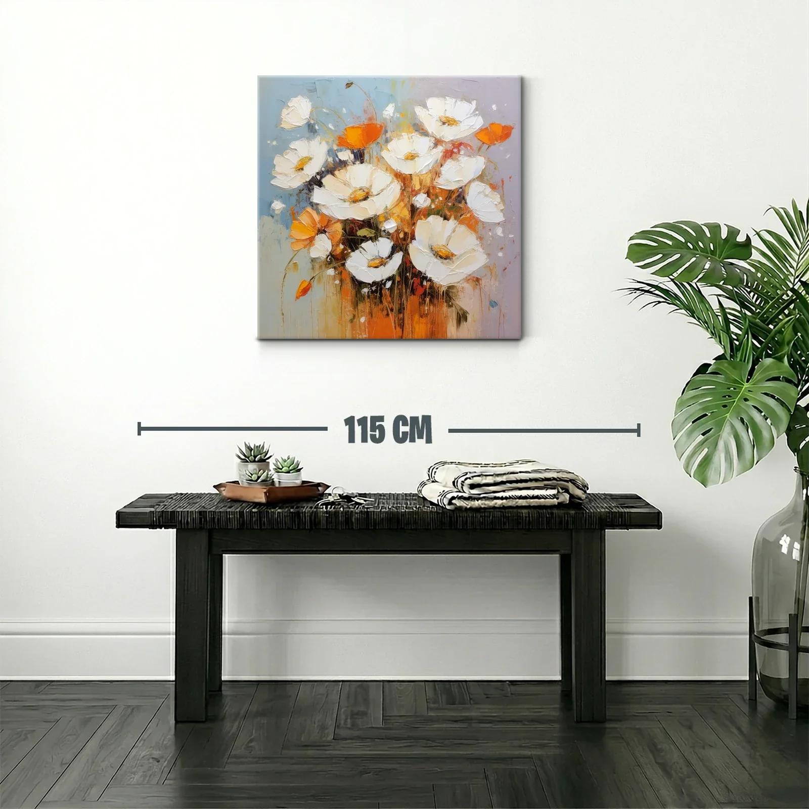 Cuadro de flores blancas y naranjas con toque abstracto — miniatura 2