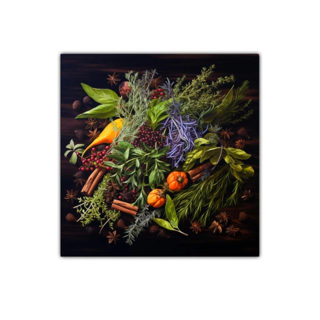 Cuadro decorativo con composición de hierbas y especias frescas