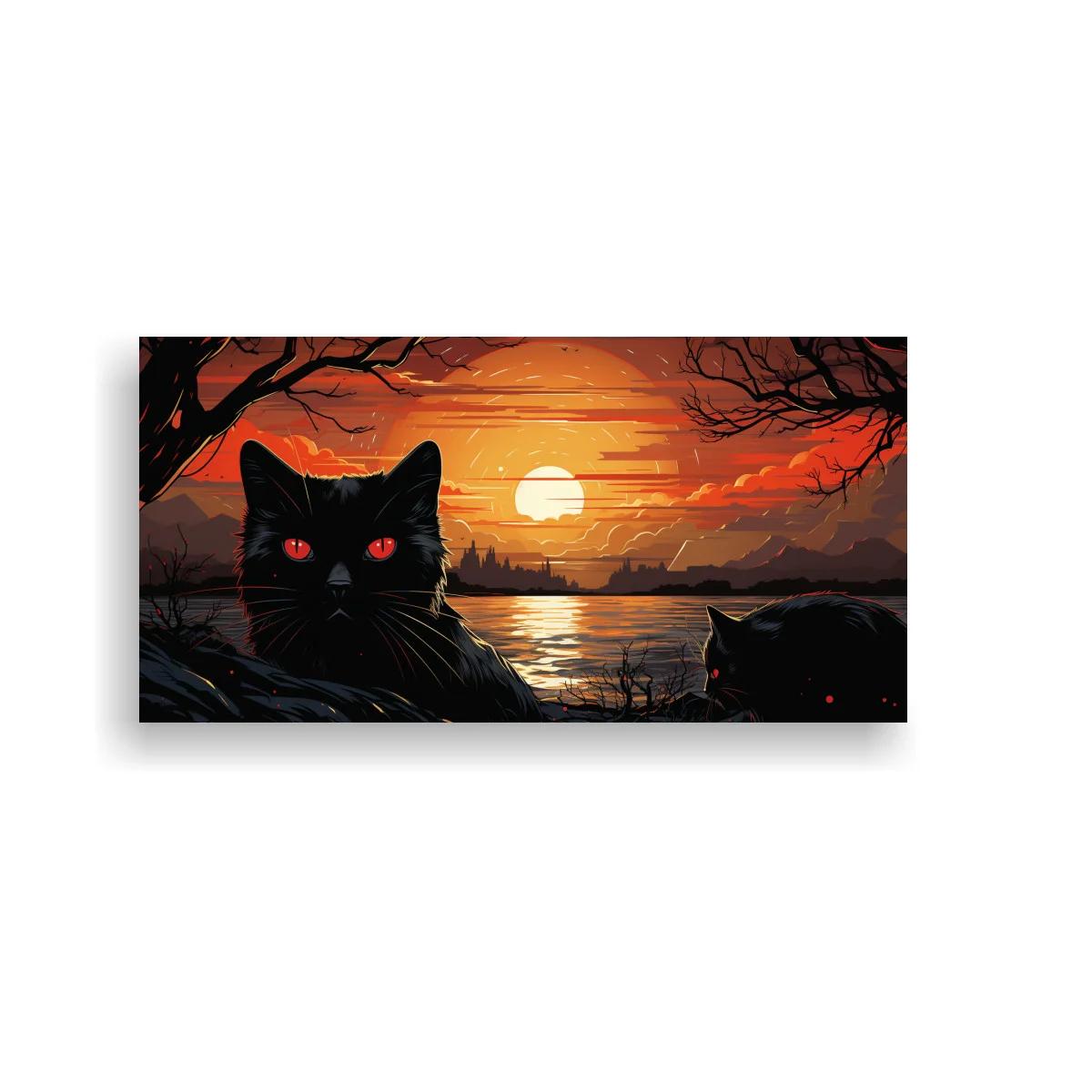 Cuadro gato negro de ojos rojos junto al lago al atardecer — imagen principal
