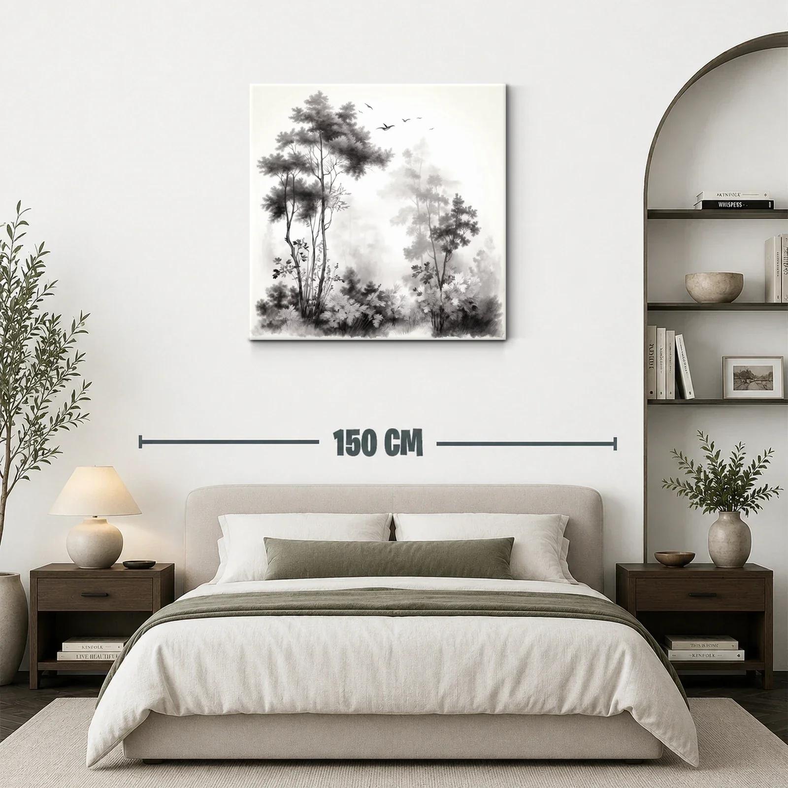 Paisaje sereno con árboles y aves en tonos neutros — miniatura 3