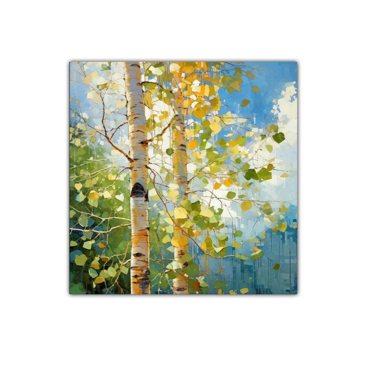 Cuadro decorativo de abedules con luz natural y hojas verdes — imagen principal