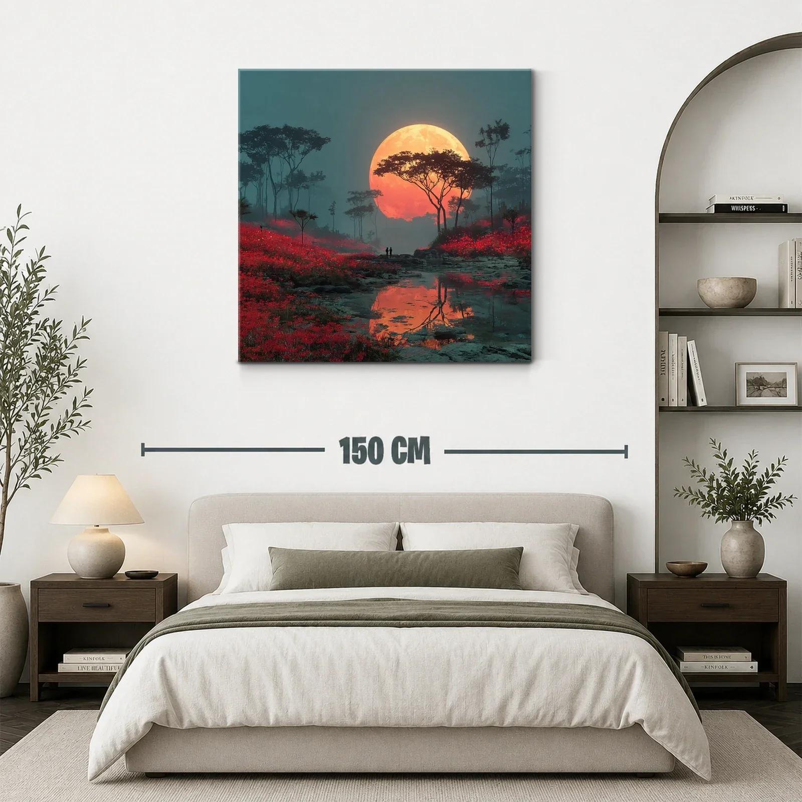 Paisaje nocturno con luna llena y campo rojo vibrante — miniatura 3