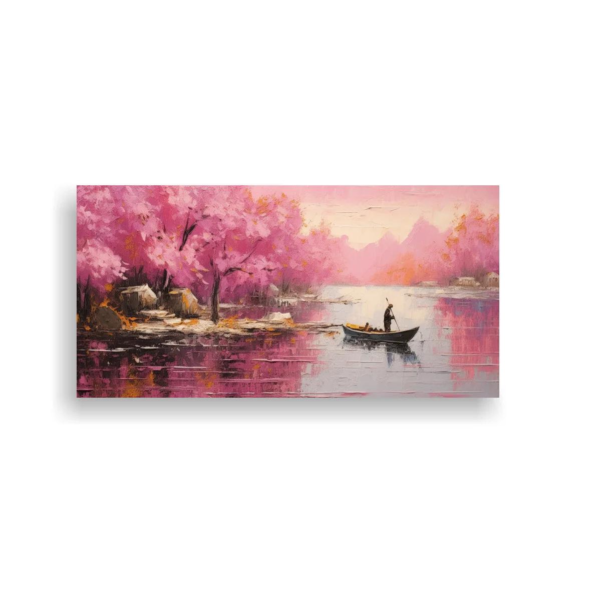 Cuadro paisaje de lago con cerezos en flor y bote con remero