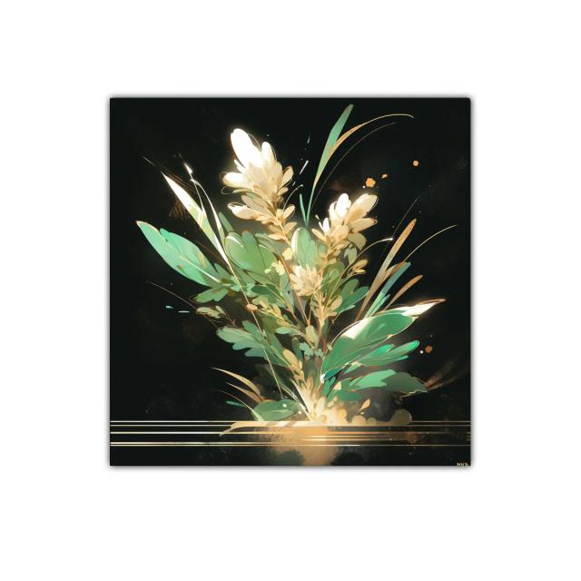 Elegante composición floral en tonos verdes y dorados