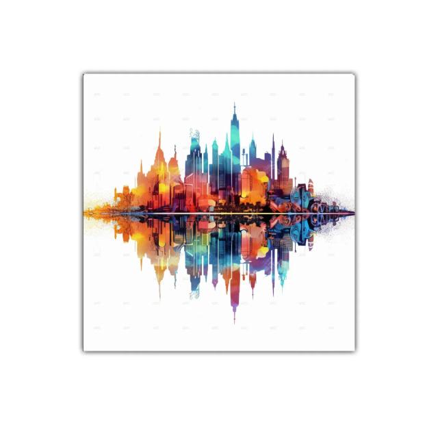 Cuadro colorido con skyline urbano y reflejo vibrante