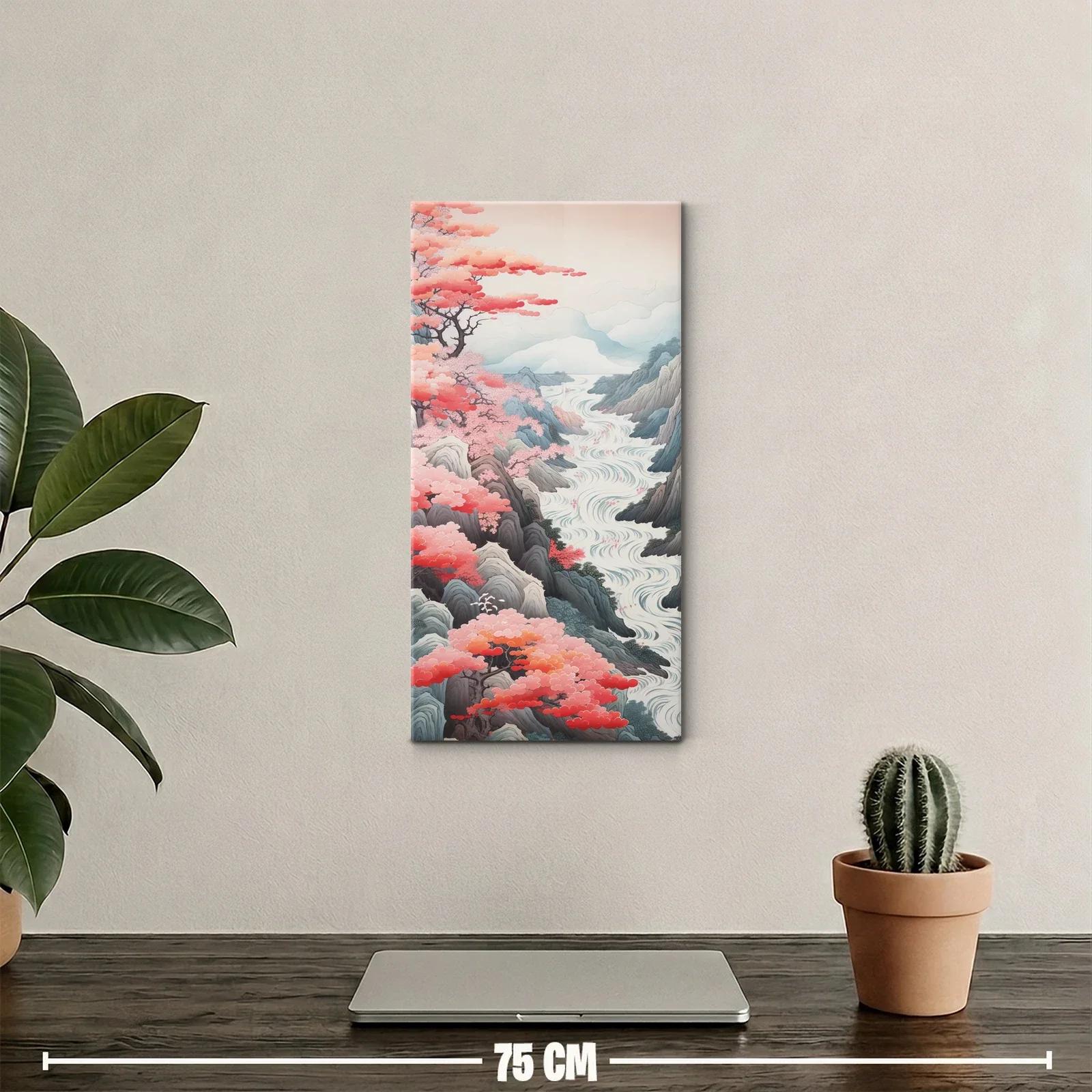 Cuadro paisaje de montaña con río blanco y árboles rosados — miniatura 2