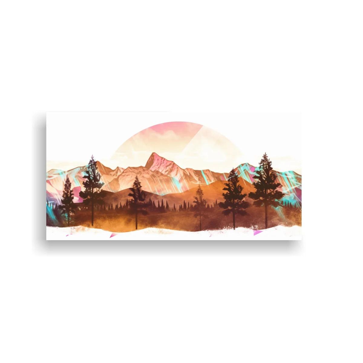 Cuadro cordillera de montañas con bosque en silueta y gran sol