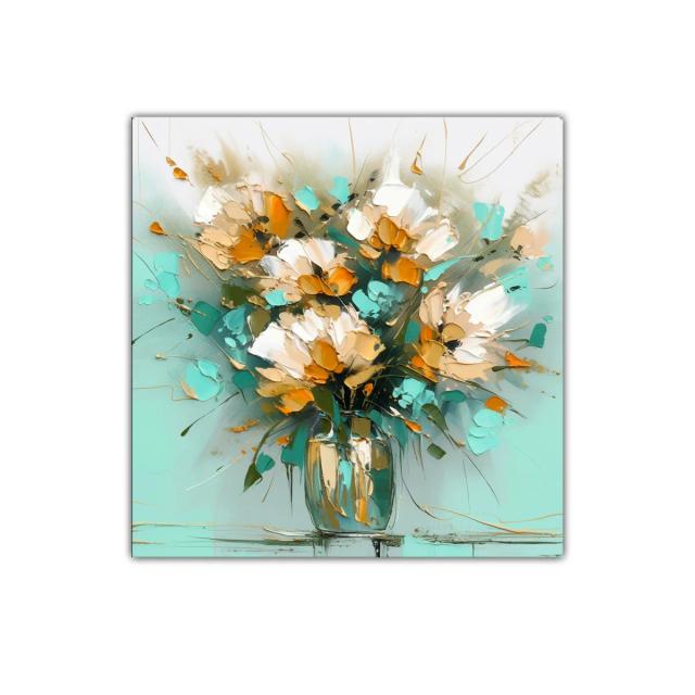 Cuadro decorativo con ramo floral en tonos turquesa y naranja